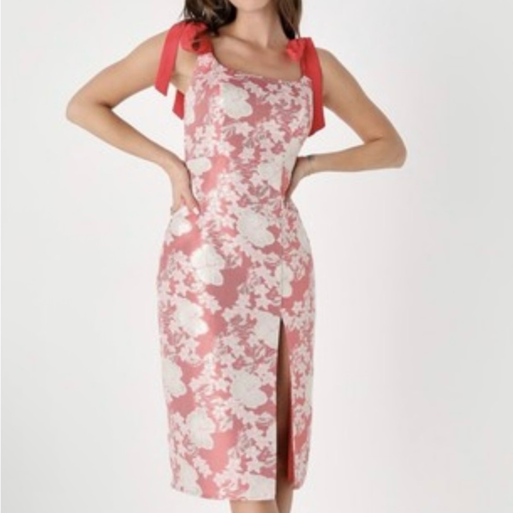 Lulu's Feeling Radiant Coral Pink Floral Jacquard Tie-Strap Midi Dress